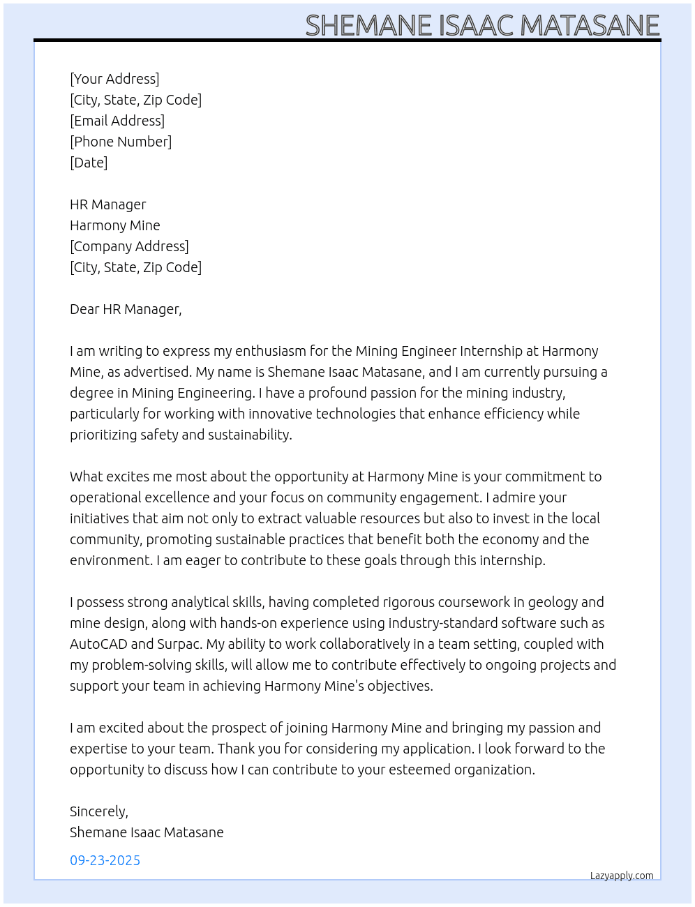 Cover letter for mining engineer internship - LazyApply