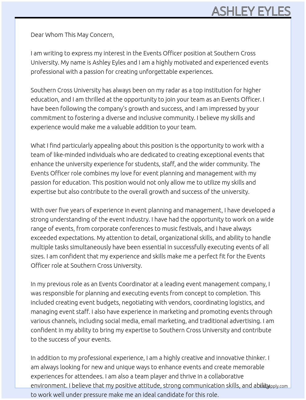 Cover letter for events officer - LazyApply