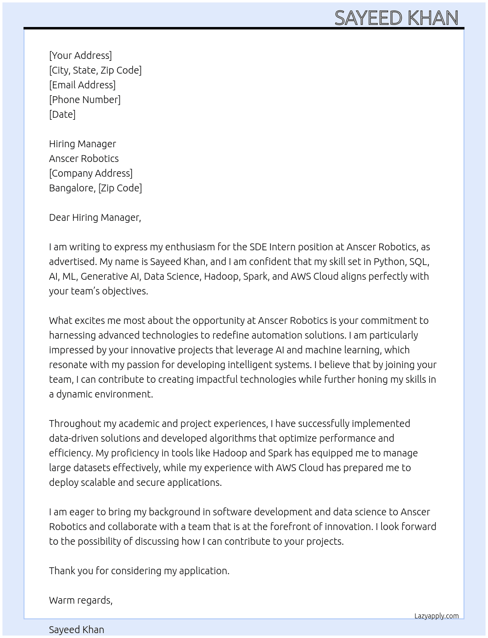 software developer  At Anscer robotics  Cover Letter