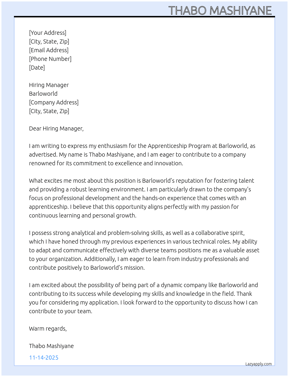 Cover letter for apprenticeship program - LazyApply