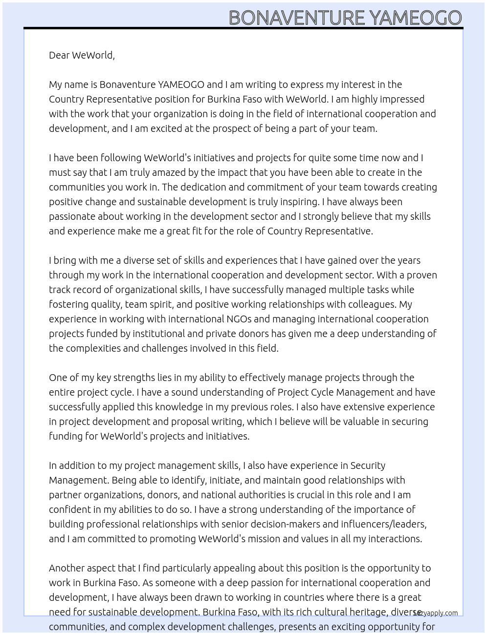 Country Representative Burkina Faso At WeWorld Cover Letter