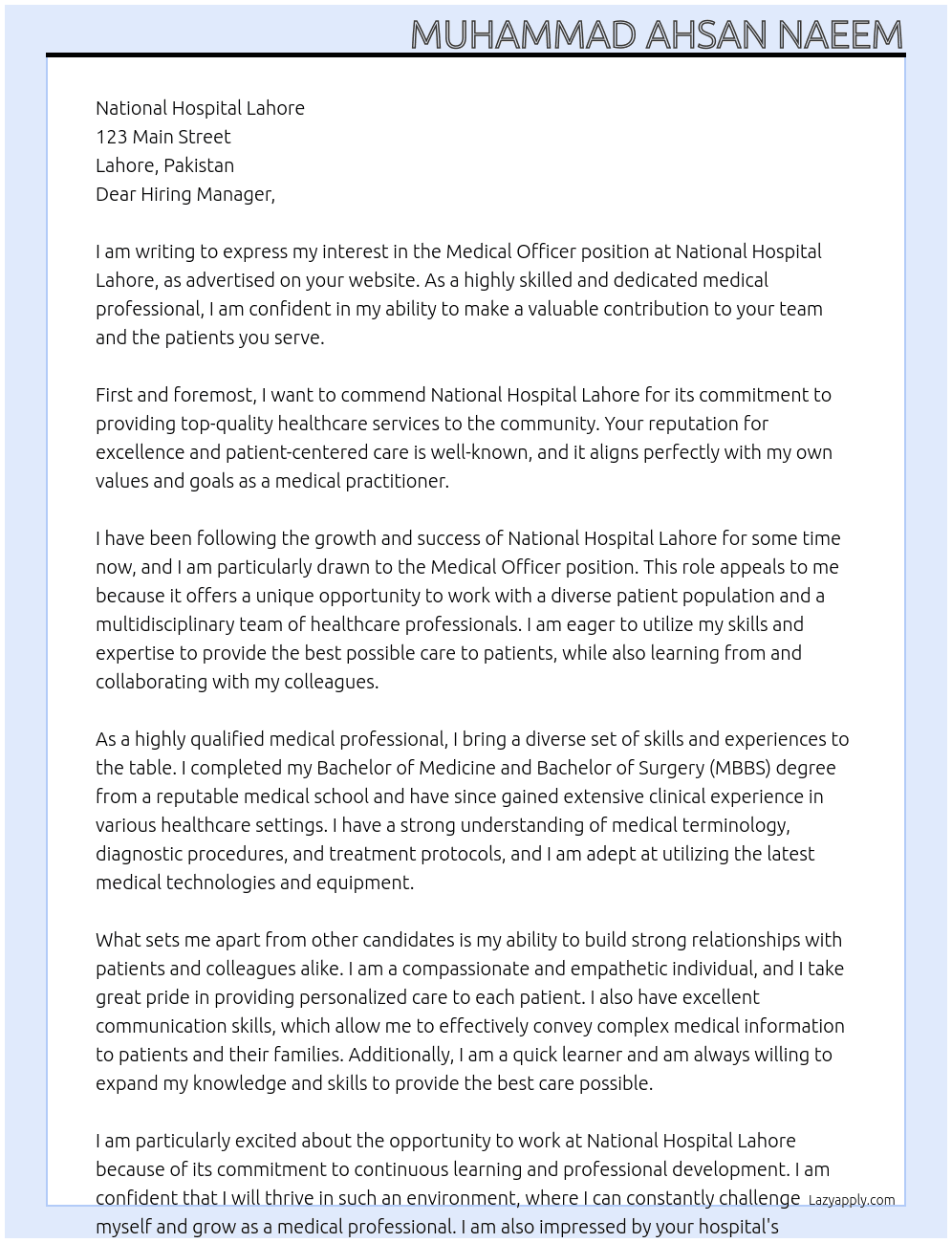 Medical Officer At National Hospital Lahore Cover Letter
