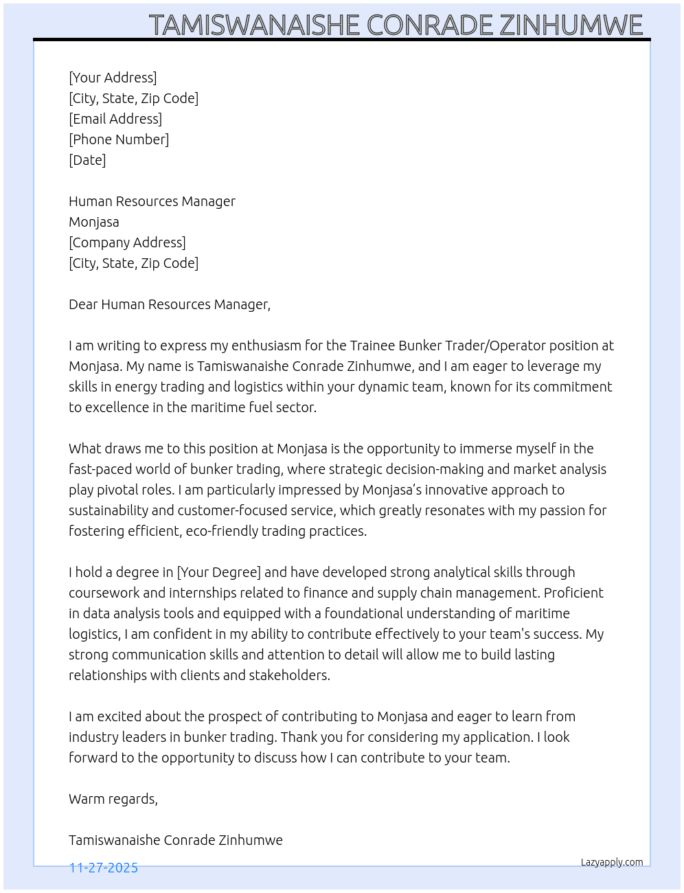 Trainee bunker trader/operator  At Monjasa Cover Letter