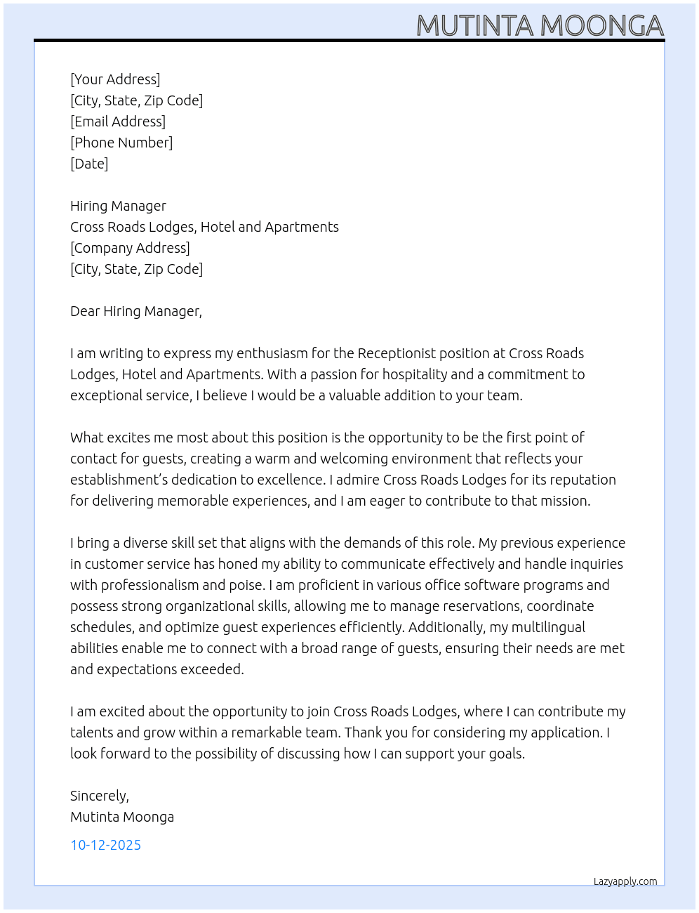 Receptionist At Cross Roads Lodges, Hotel and apartments Cover Letter