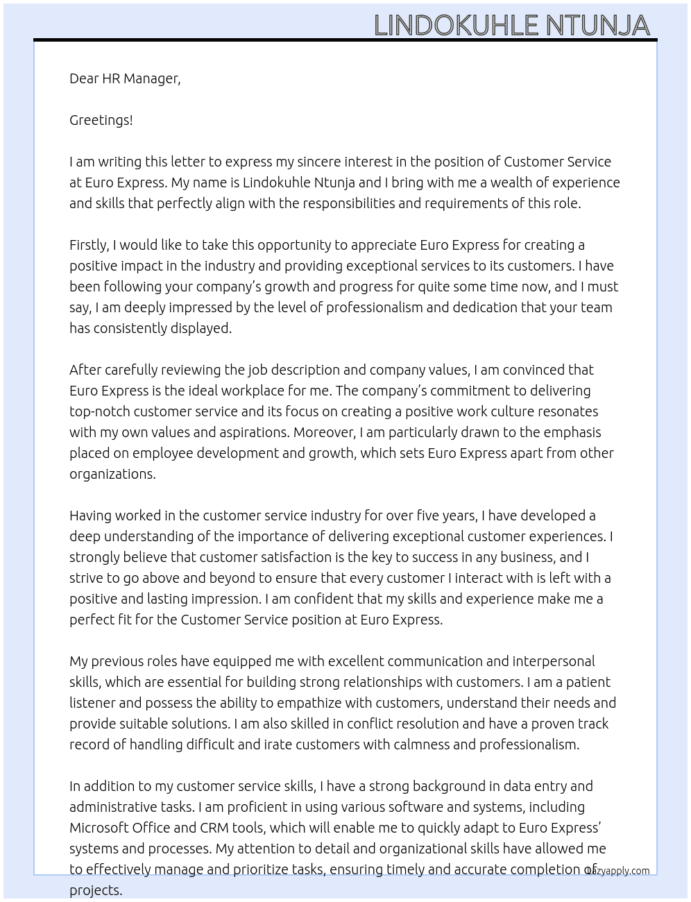 Customer service  At Euro express  Cover Letter