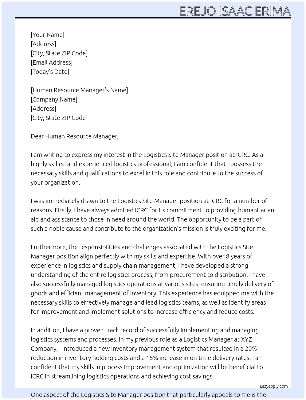 Cover letter for logistics site manager - LazyApply