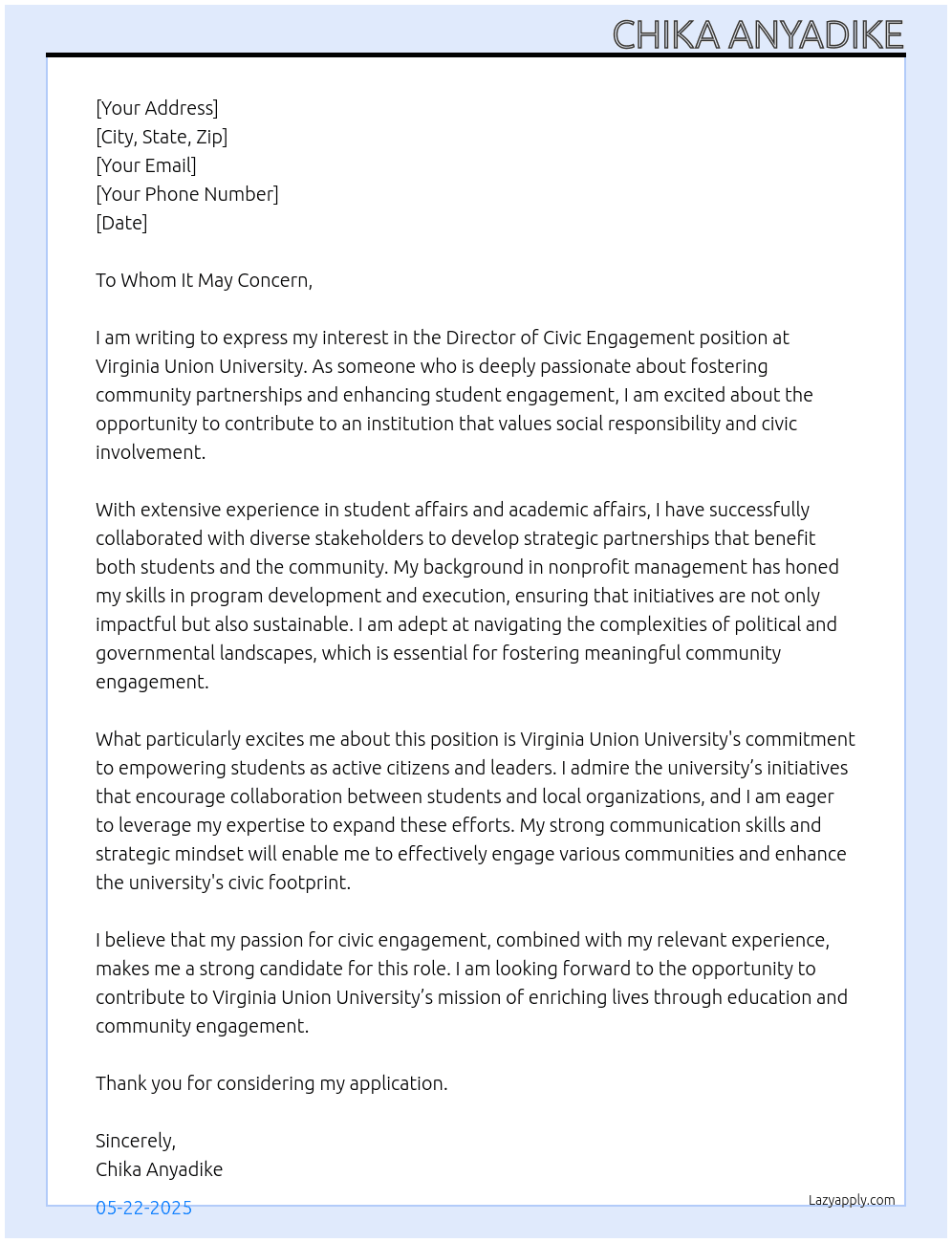 Director of Civic Engagement At Virginia Union University Cover Letter