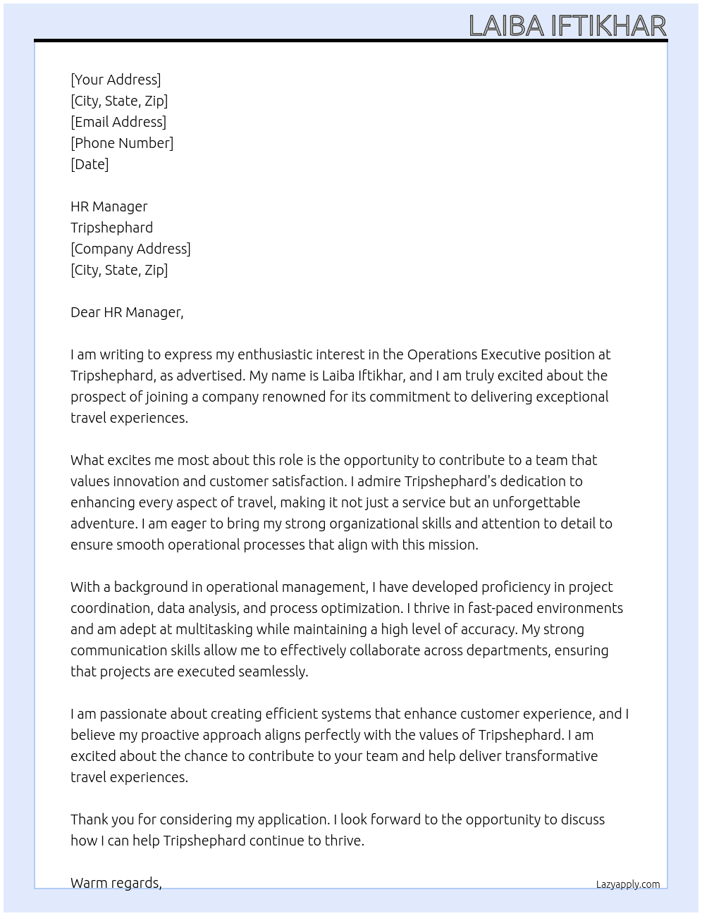 Operations executive At Tripshephard Cover Letter
