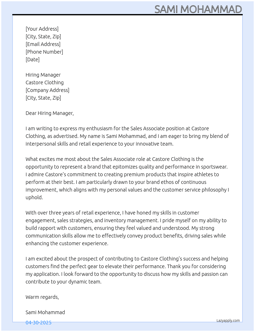 Sales Associate At Castore Clothing Cover Letter
