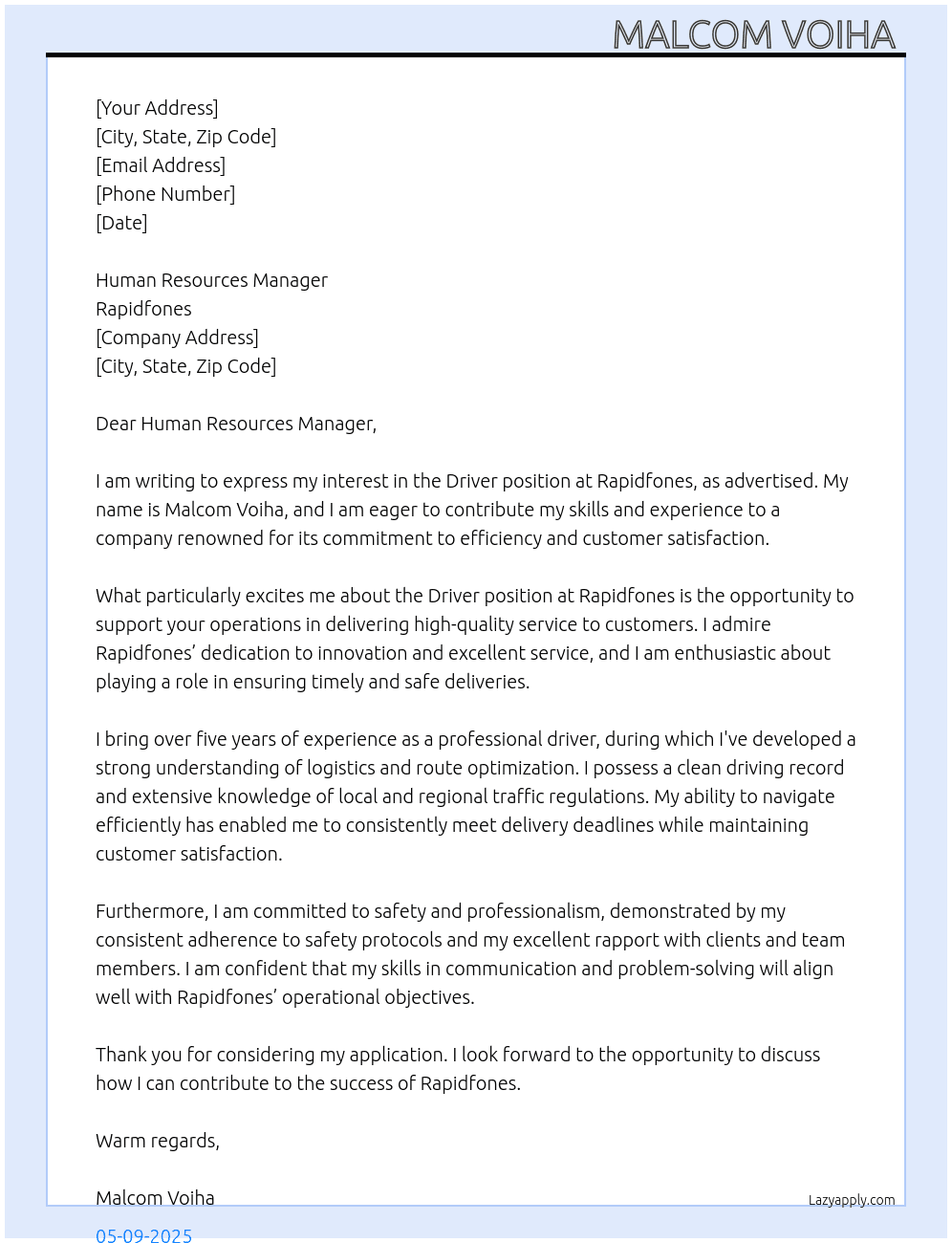Driver position  At Rapidfones Cover Letter