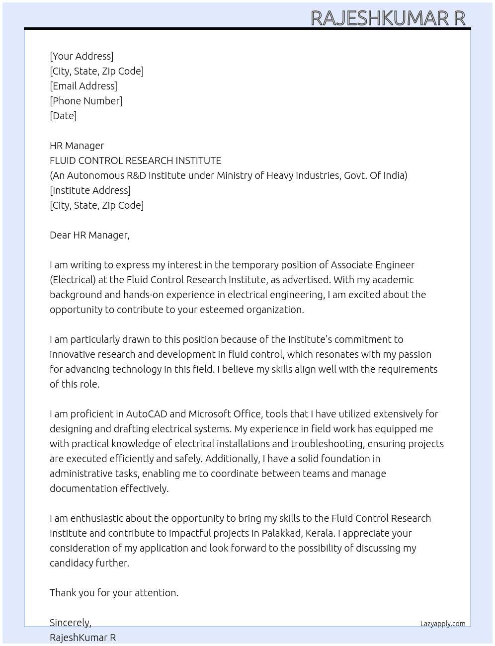 Cover letter for associate engineer electrical - LazyApply