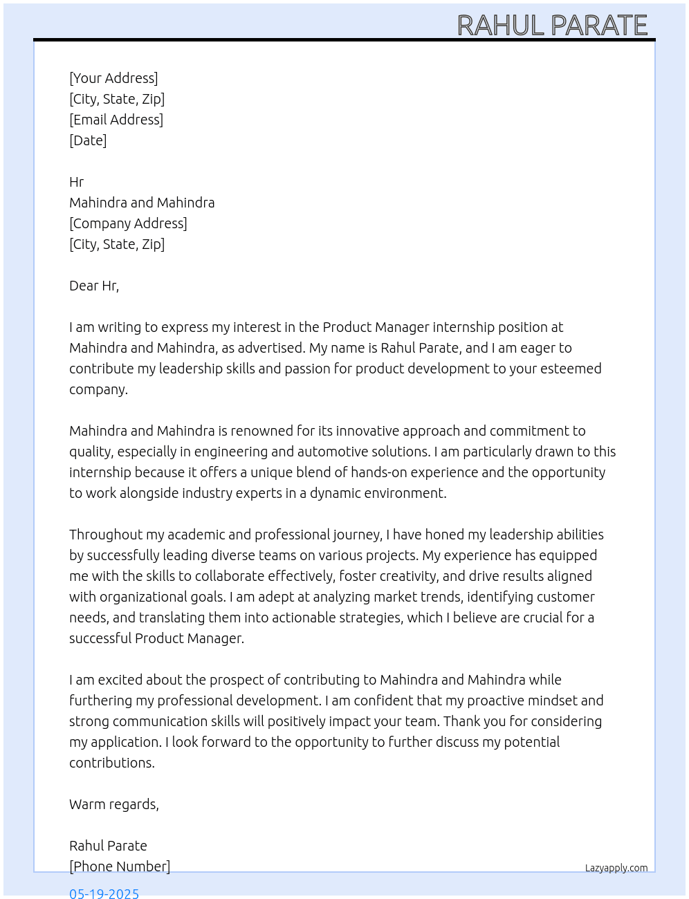 Product manager  At Mahindra and Mahindra  Cover Letter