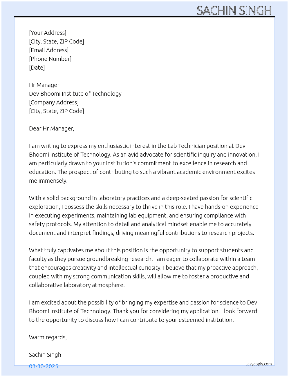 Lab technician  At Dev bhoomi institute of technology  Cover Letter