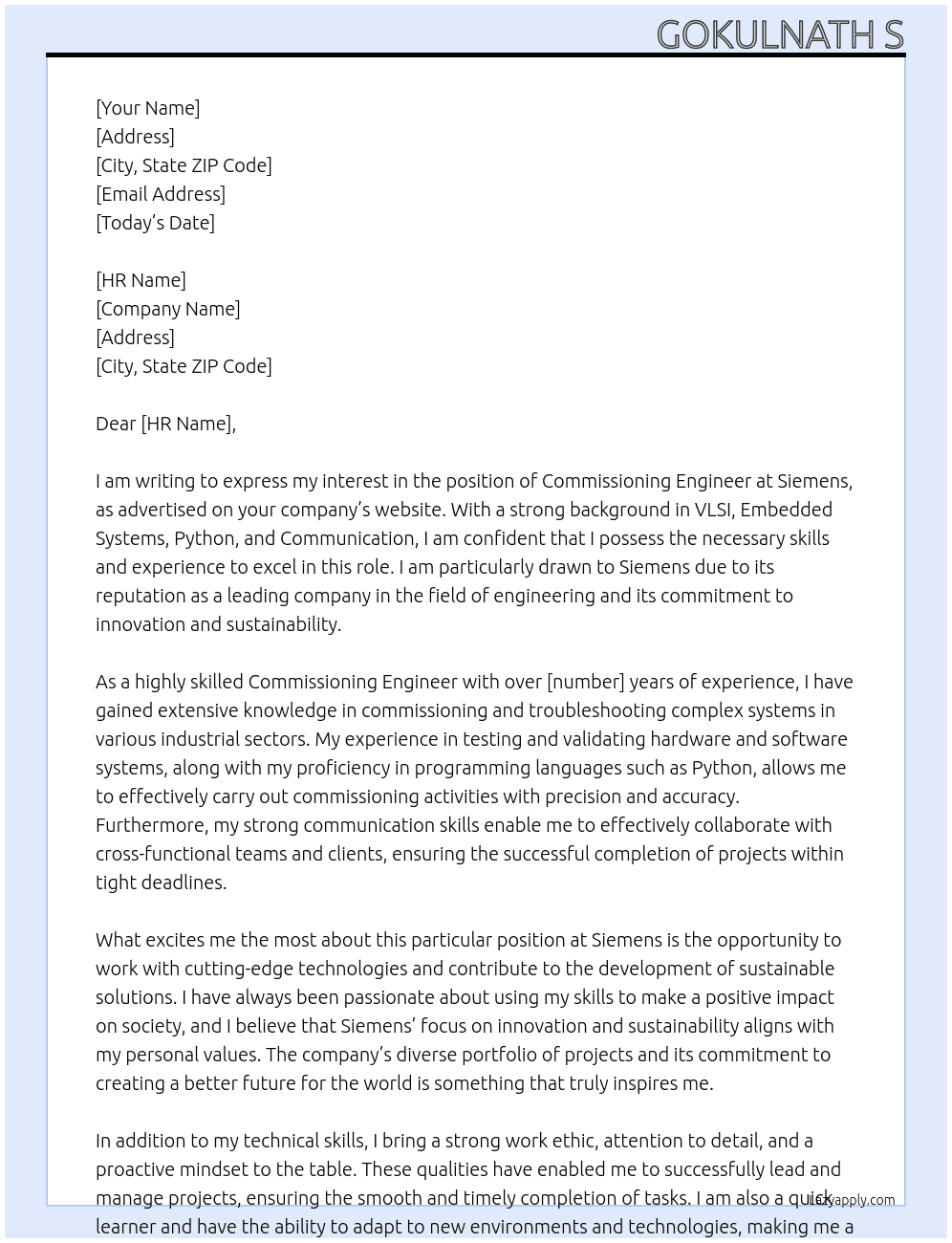 commissioning engineer At SIEMENS Cover Letter