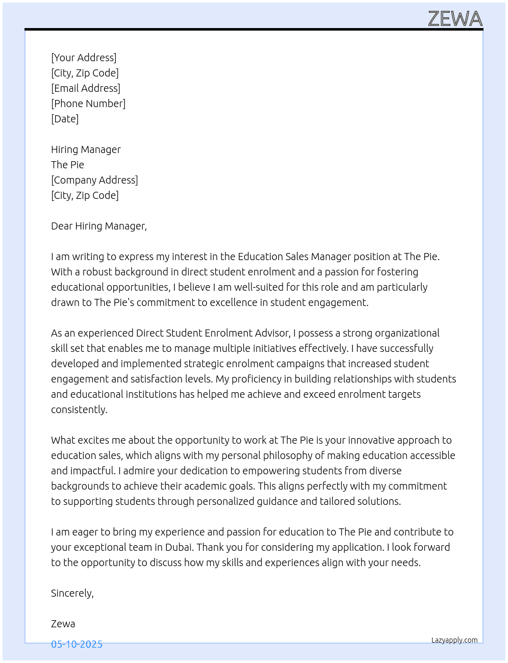 Education Sales Manager At The Pie Cover Letter