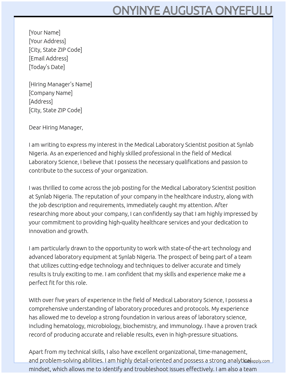 Medical Laboratory Scientist  At Synlab Nigeria Cover Letter