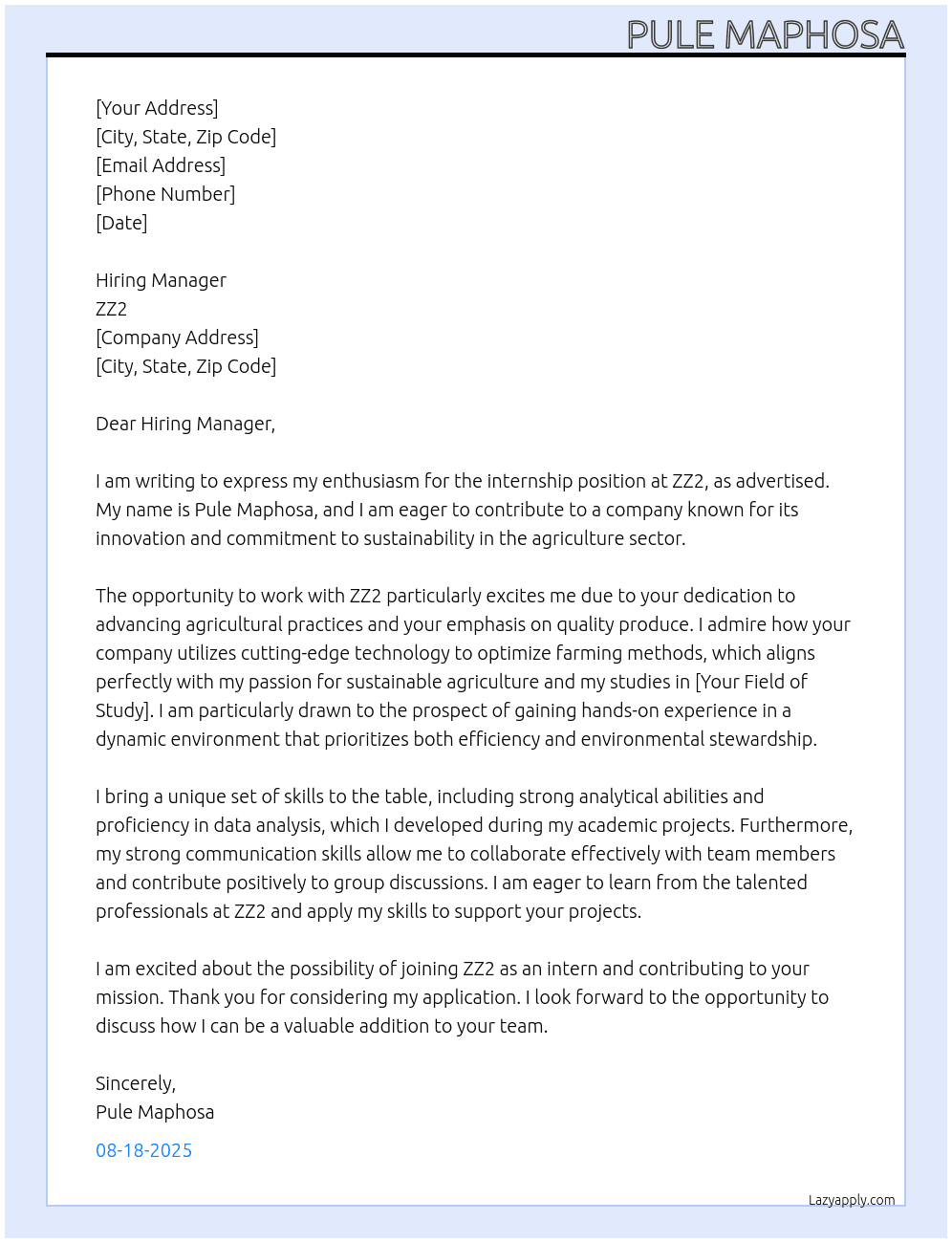 Cover letter for internship application - LazyApply