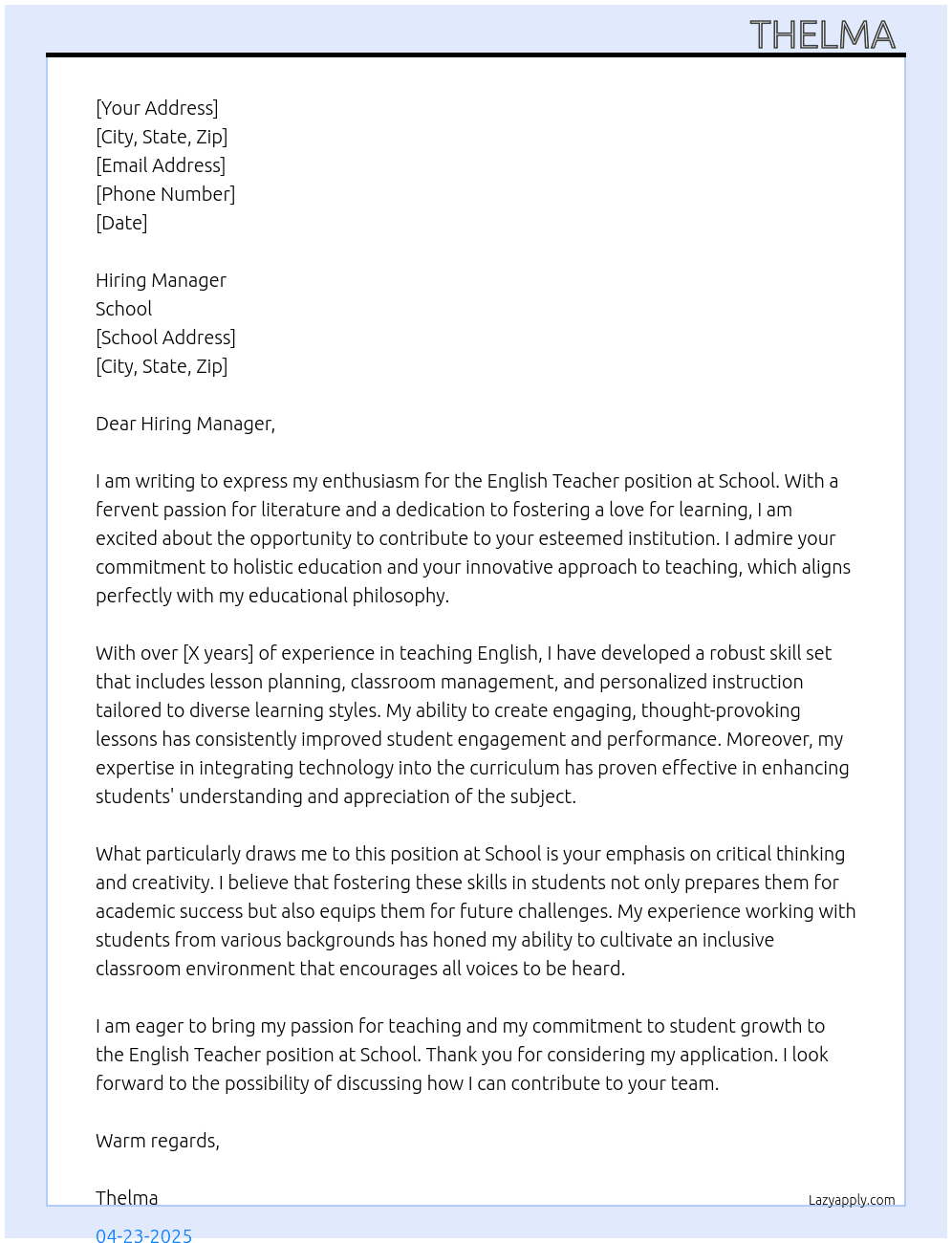 English Teacher  At School  Cover Letter
