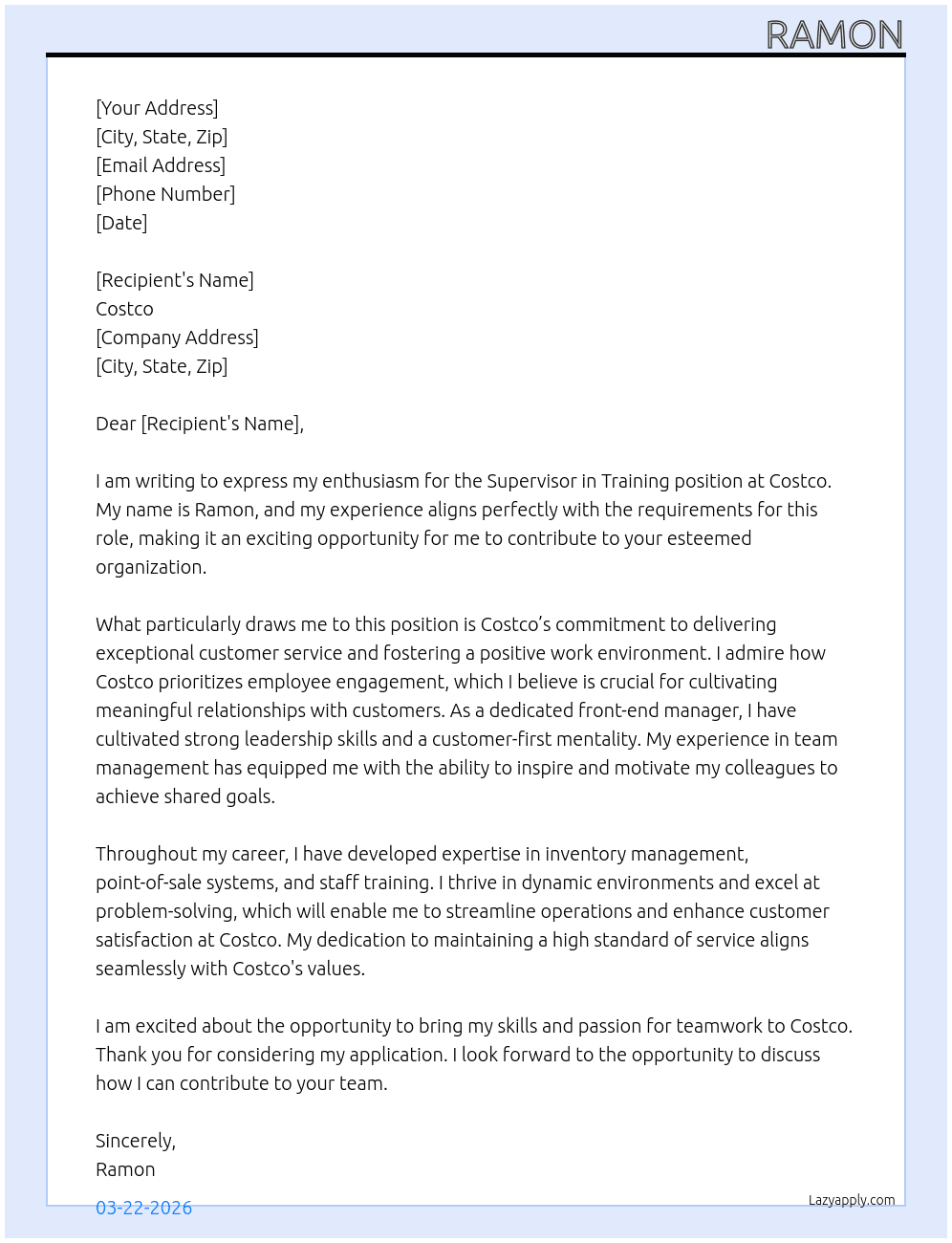 supervisor in training At costco Cover Letter
