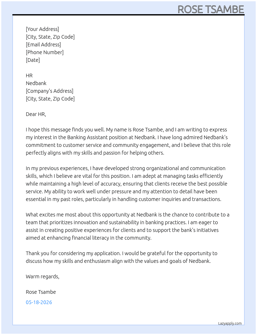 Banking assistanc At Nedbank  Cover Letter