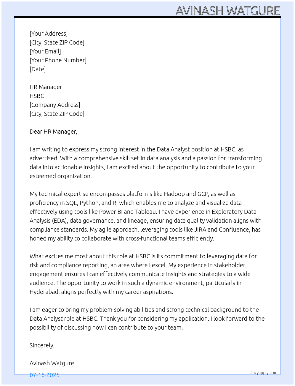 Data Analyst At HSBC Cover Letter