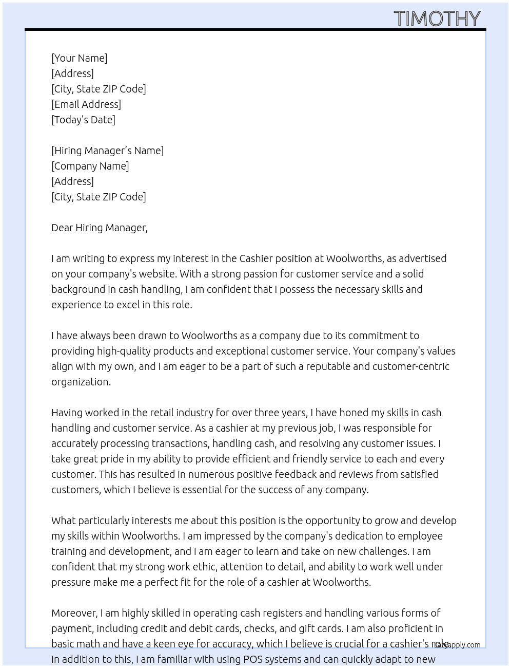 Cashier  At Woolworths  Cover Letter