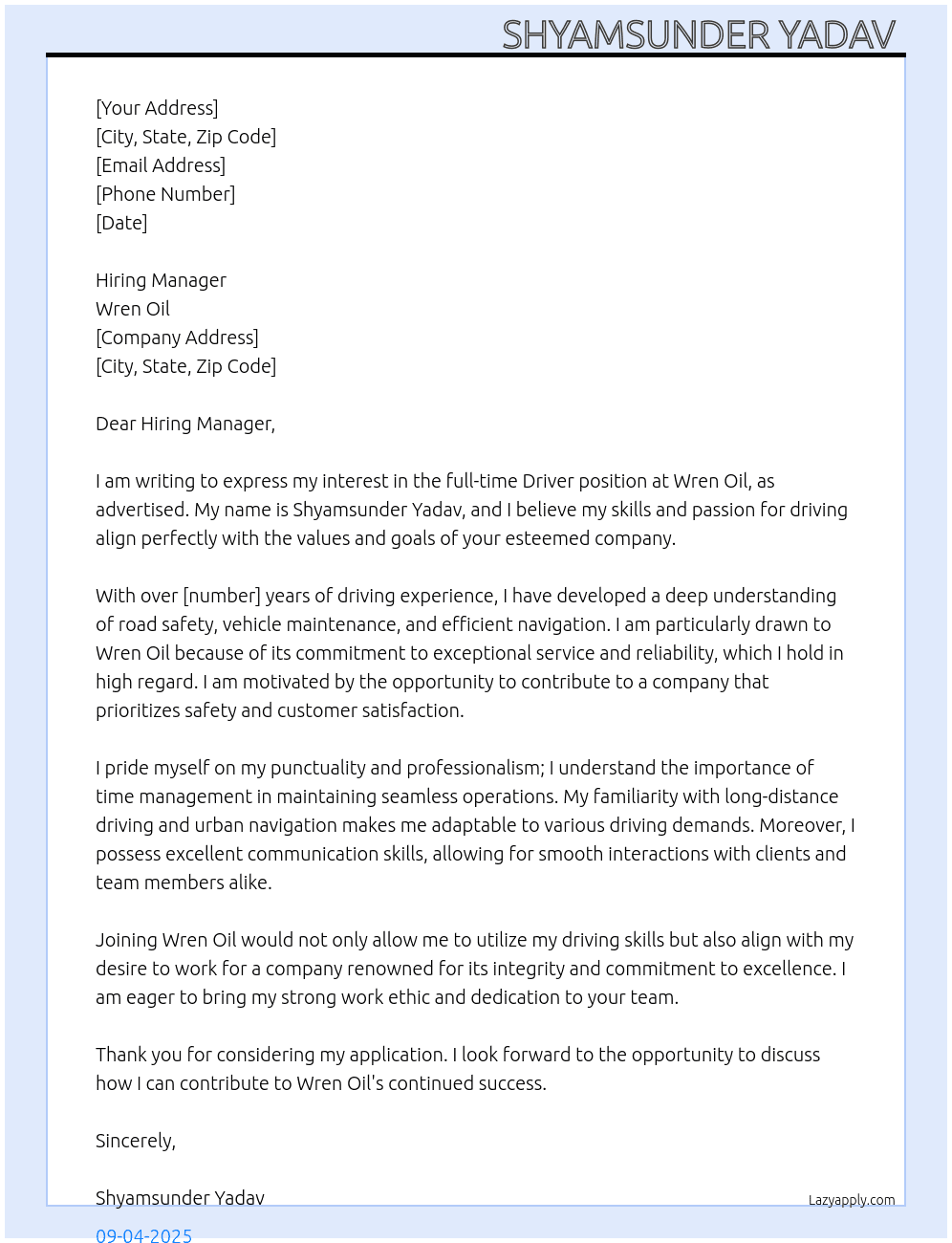 Driver  At Wren oil Cover Letter