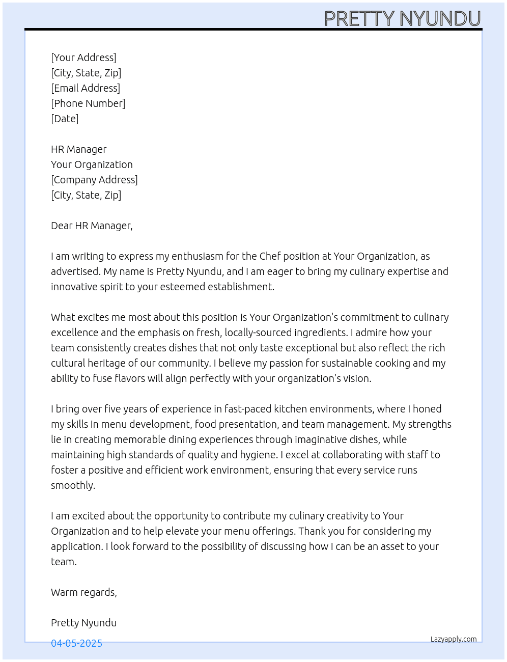 Chef At your organization Cover Letter