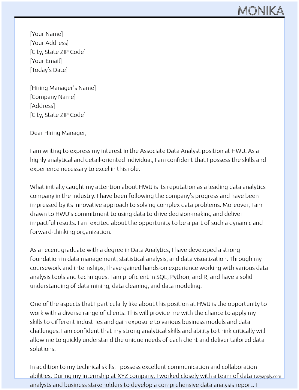 Associate Data Analyst At HWU Cover Letter