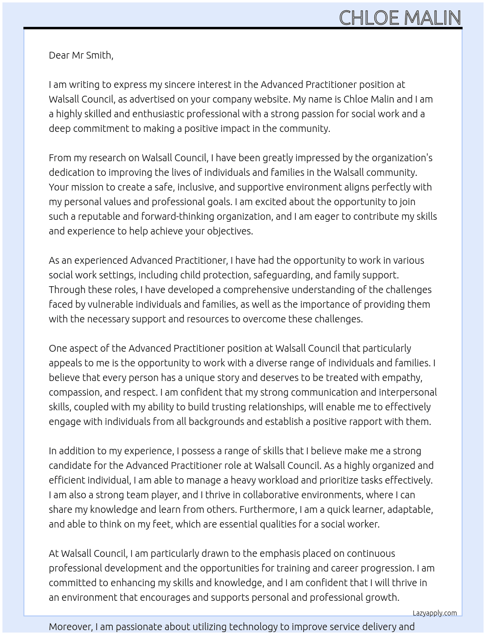 Advanced Practitioner At Walsall Council  Cover Letter