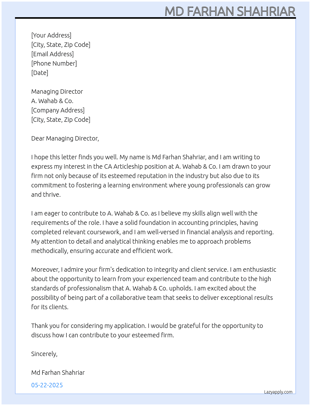 CA Articleship At A. wahab & co. Cover Letter