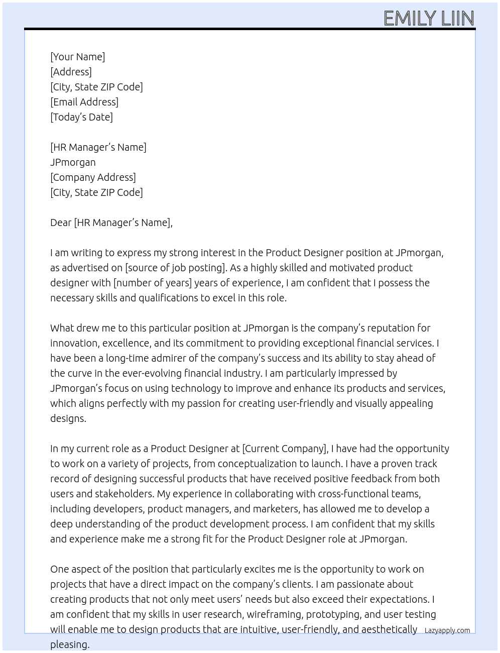 Prouct designer At JPmorgan Cover Letter