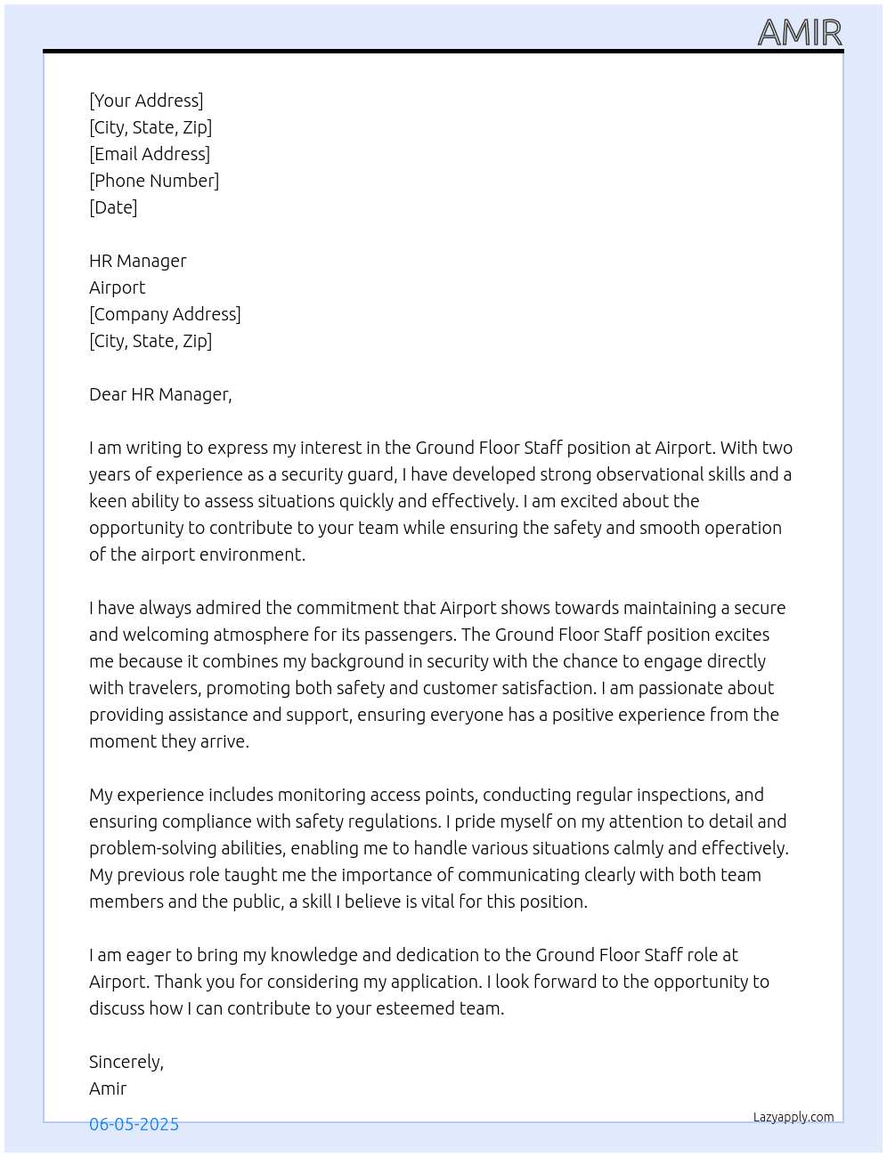 Ground floor staff At Airport  Cover Letter