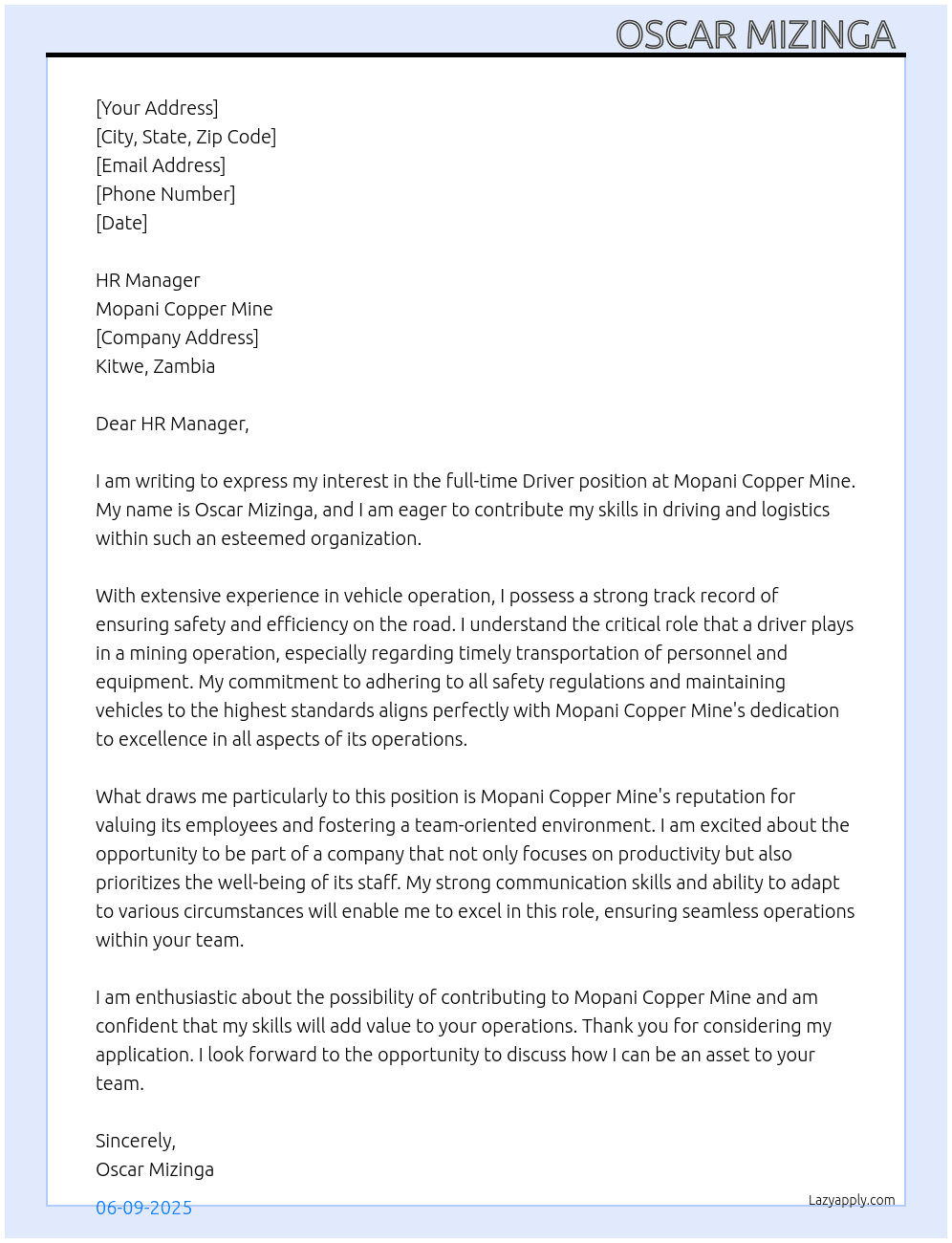 Driver At Mopani copper mine  Cover Letter