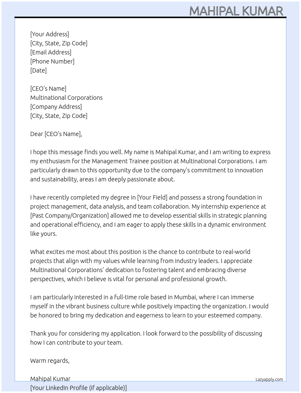 Management trainee  At Multinational corporations  Cover Letter