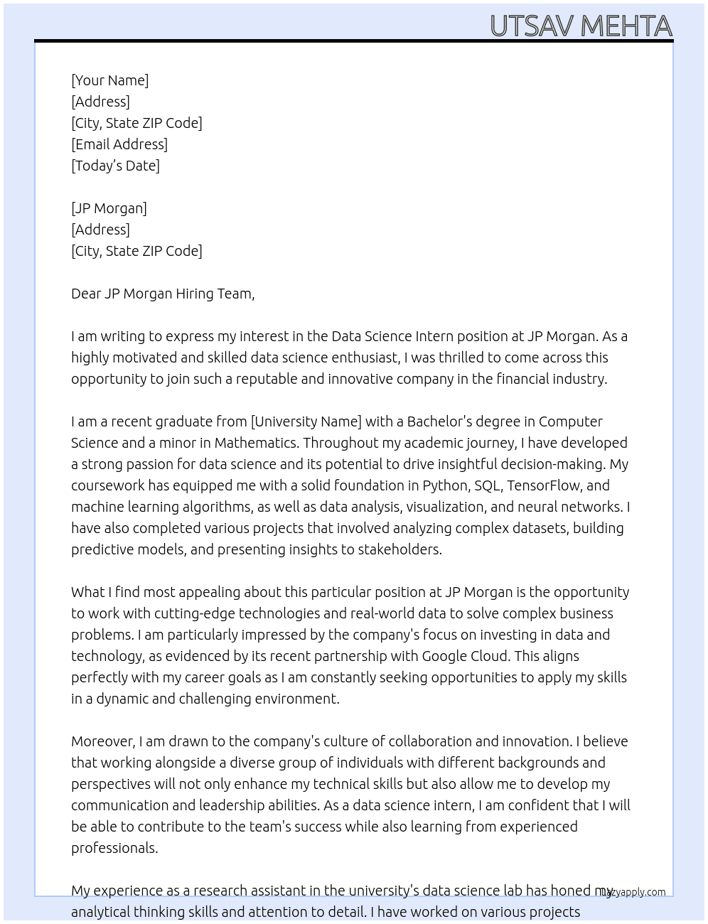 Data Science Intern At JP Morgan Cover Letter