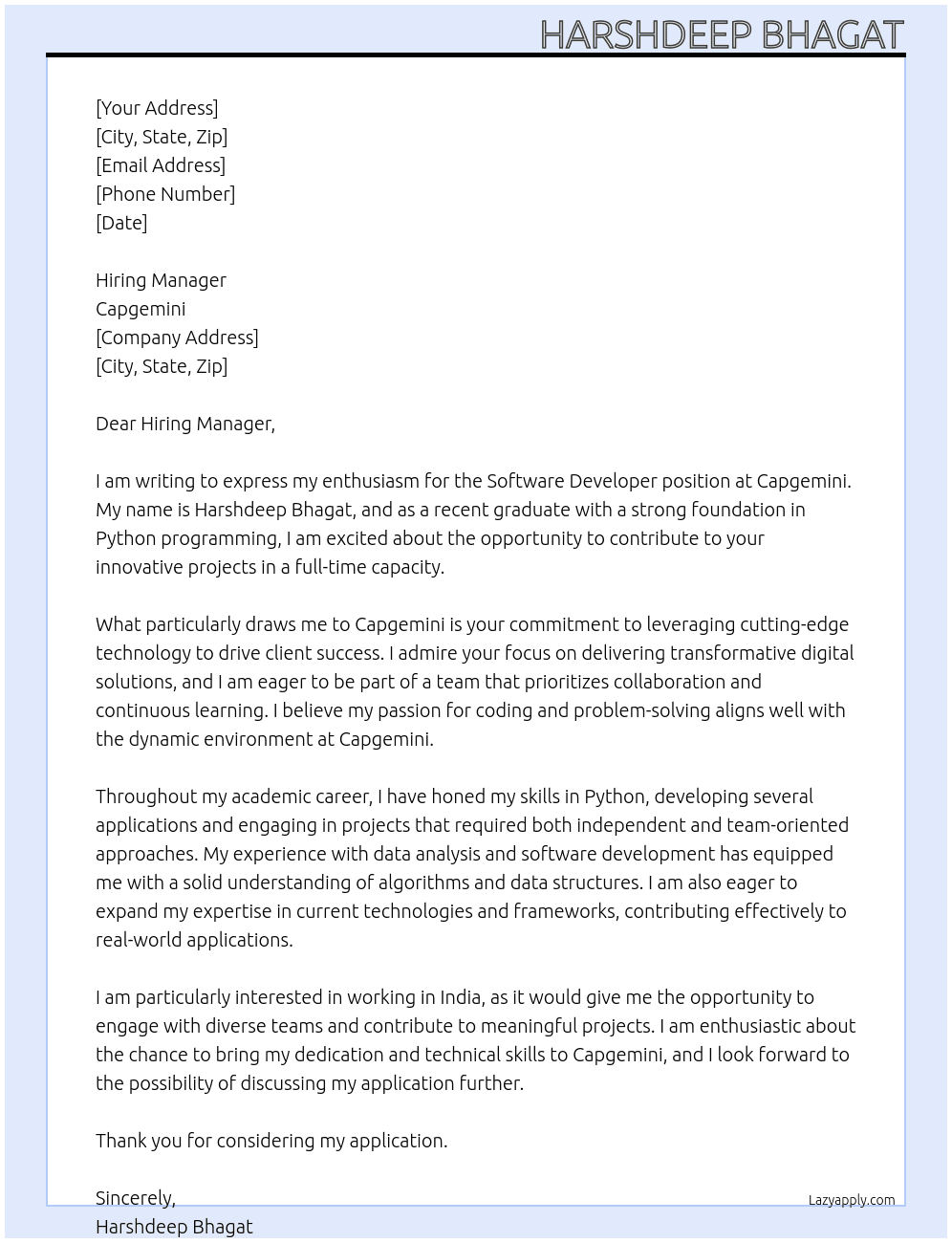 Software developer At Capgemini Cover Letter