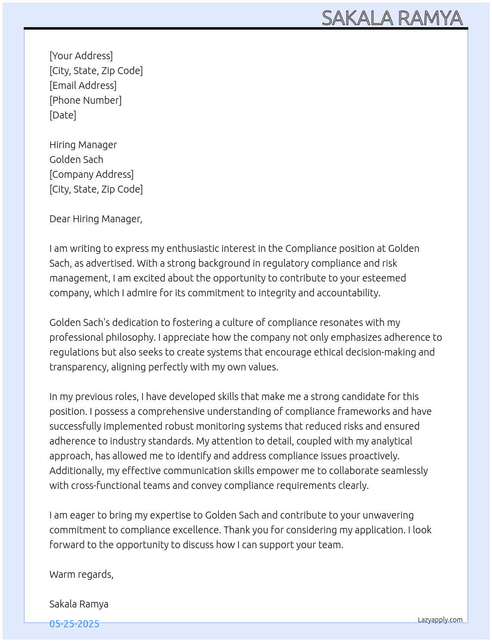 Compliance  At Golden Sach  Cover Letter