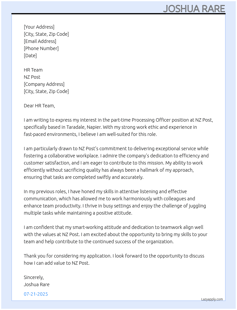 Processing officer  At NZ Post Cover Letter