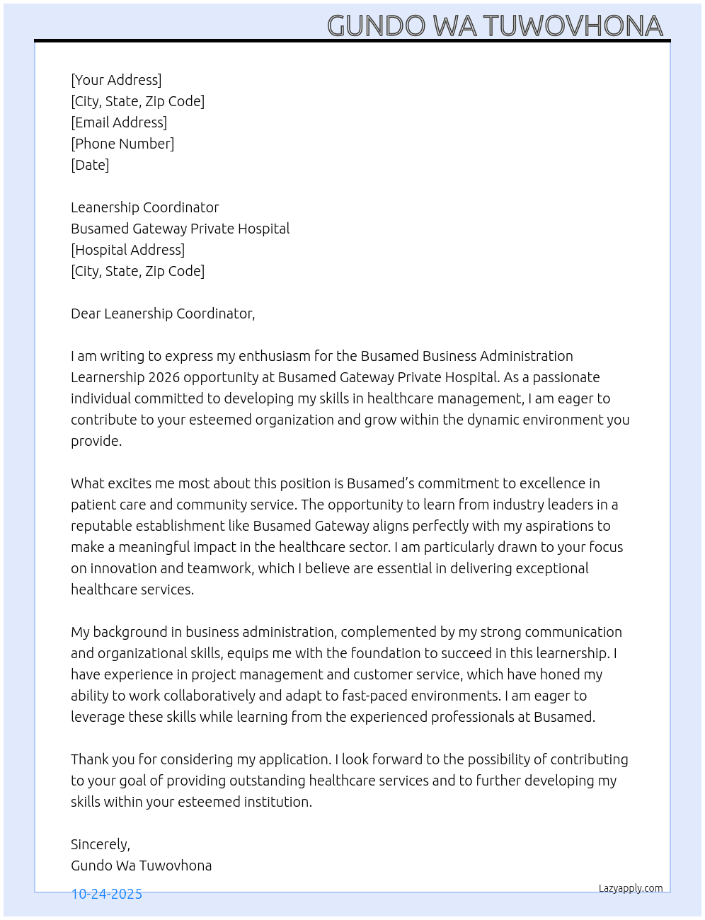 BUSAMED BUSINESS ADMINISTRATION LEARNERSHIP 2026 At Busamed Gateway Private Hospital  Cover Letter