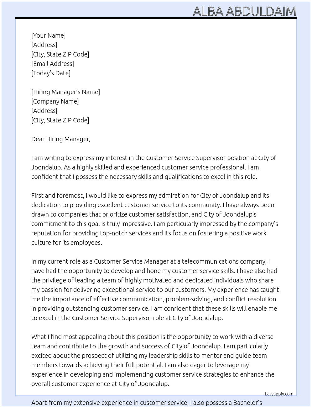 Customer service supervisor At City of Joondalup Cover Letter