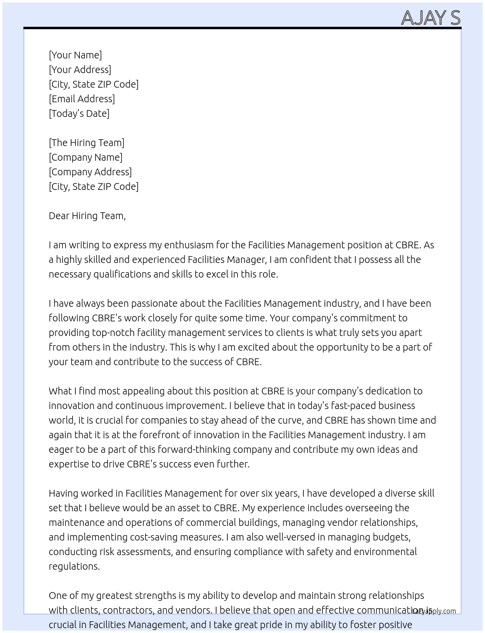Facilities Management  At CBRE Cover Letter