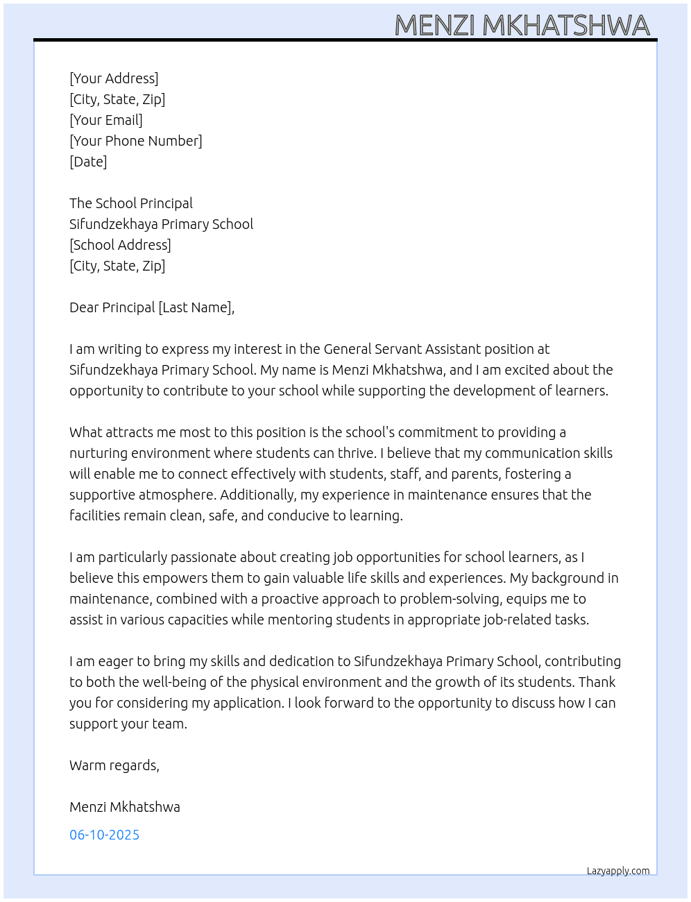 General Servant assistant At Sifundzekhaya Primary school  Cover Letter