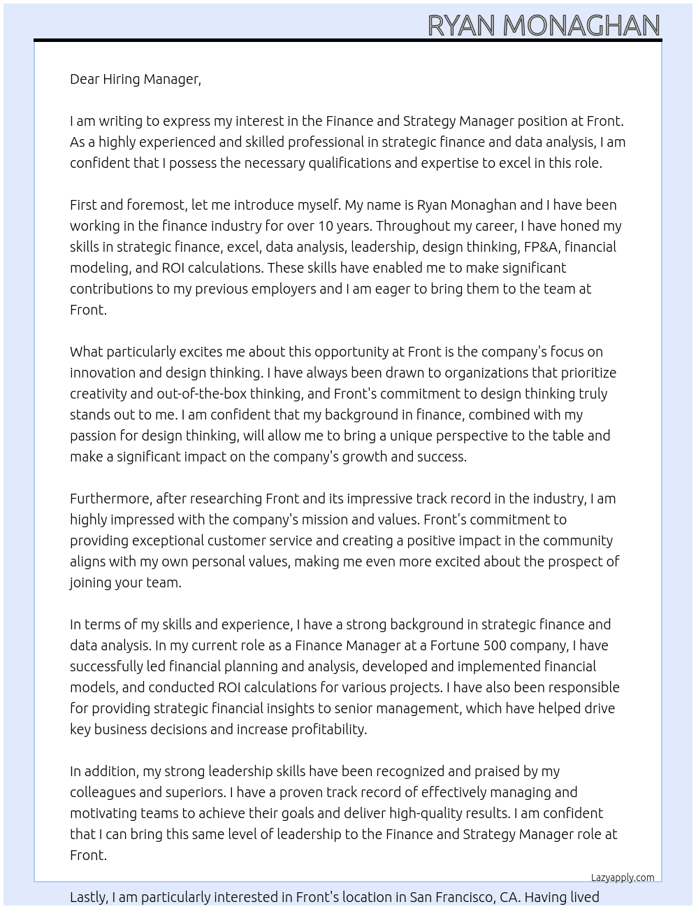 Finance and Strategy Manager At Front Cover Letter
