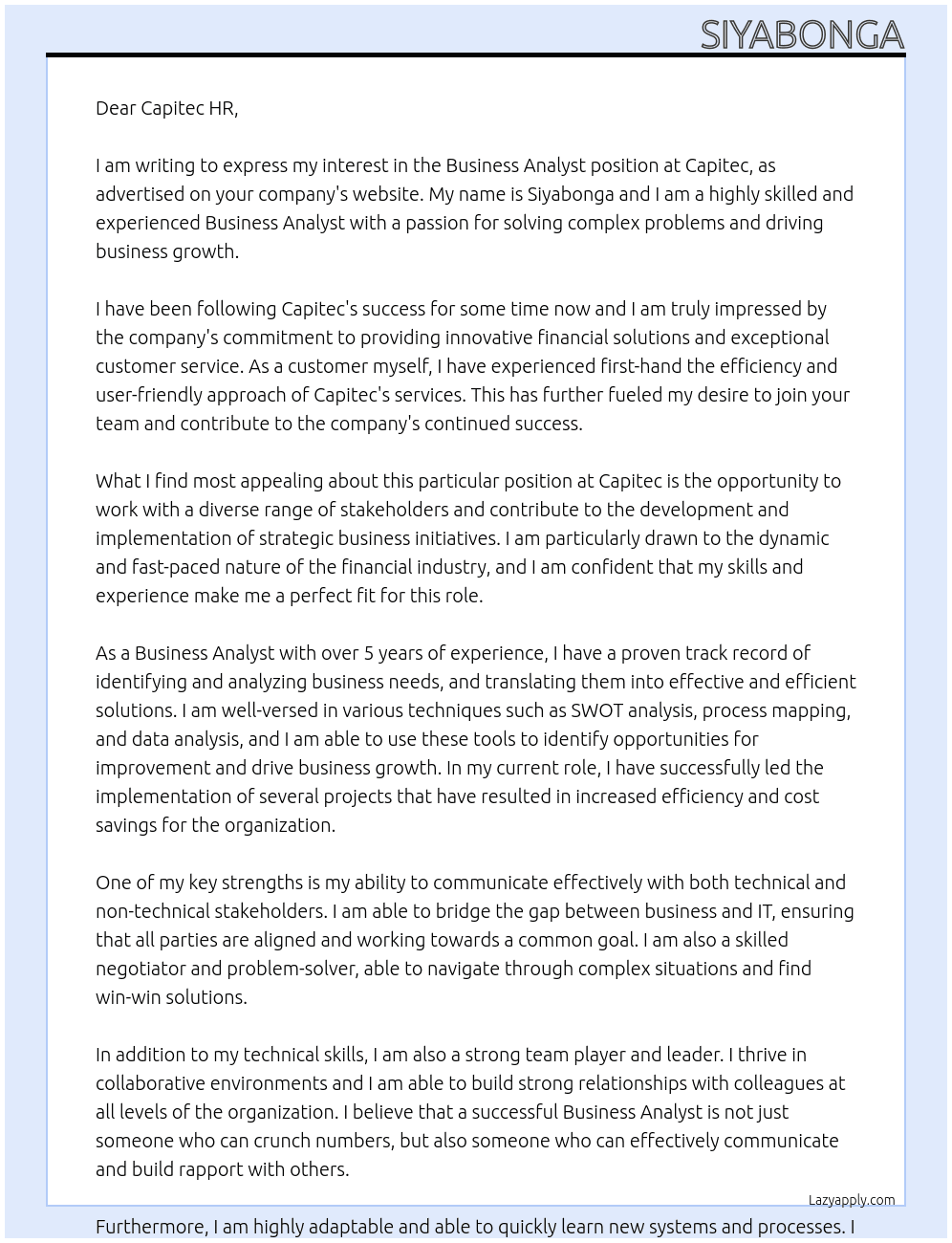 Business Analyst At Capitec Cover Letter
