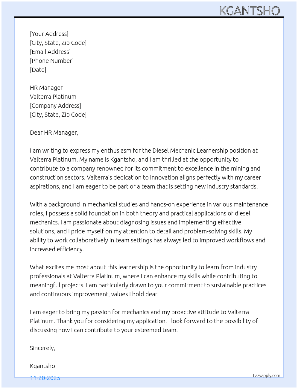 Diesel mechanic learnership  At Valterra Platinum Cover Letter