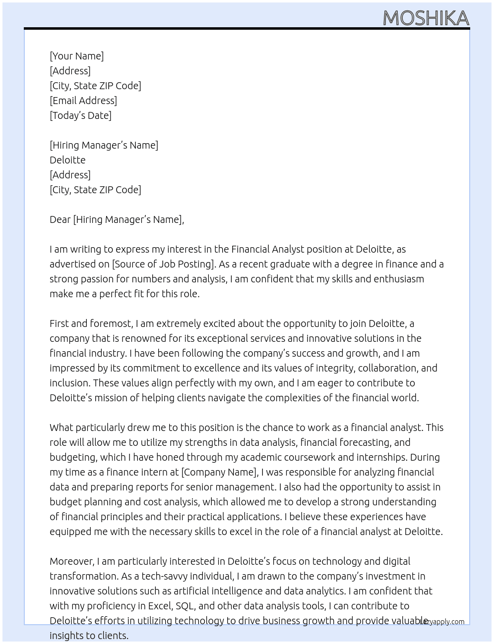 financial analyst At deloitte Cover Letter