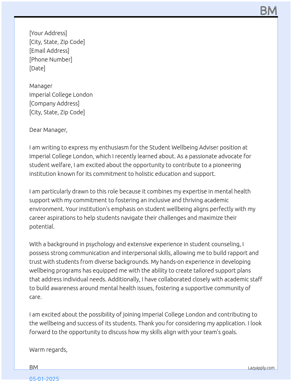 Student Wellbeing Adviser At Imperial College London Cover Letter