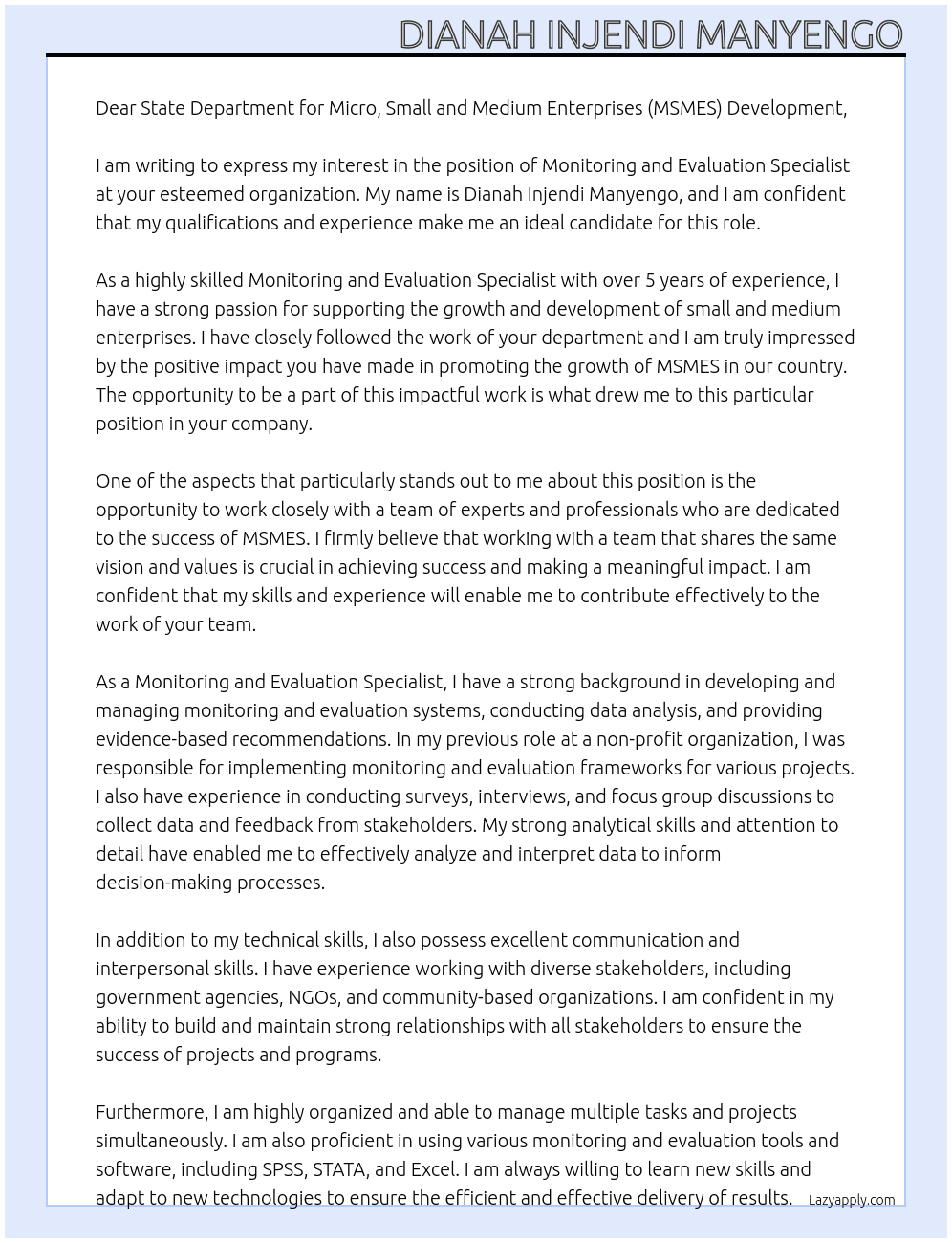 MONITORING AND EVALUATION SPECIALIST At State Department for Micro, Small and Medium Enterprises (MSMES) Development Cover Letter