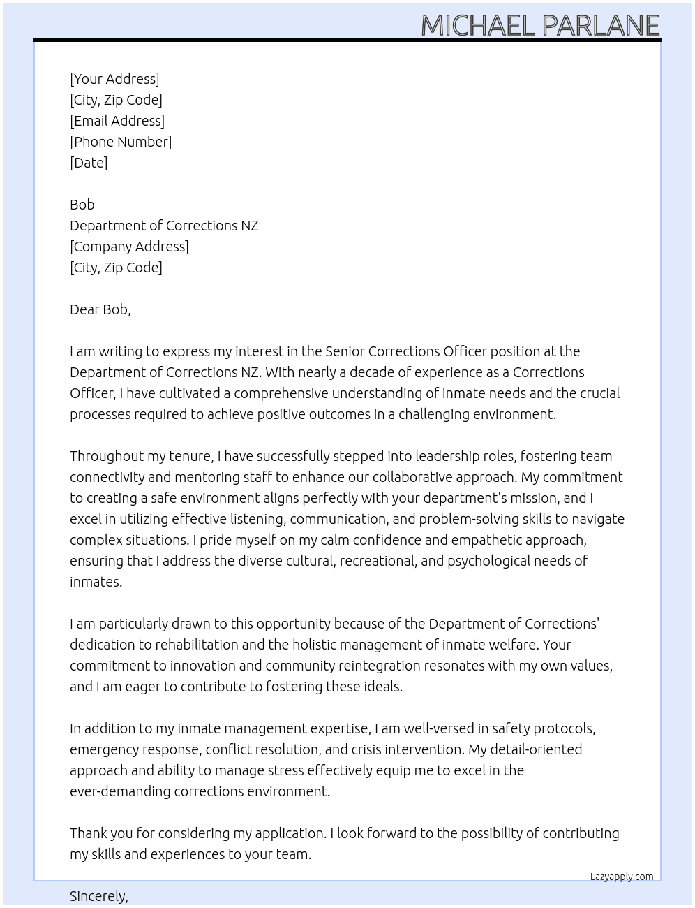 Senior Corrections Officer At Department of Corrections NZ Cover Letter